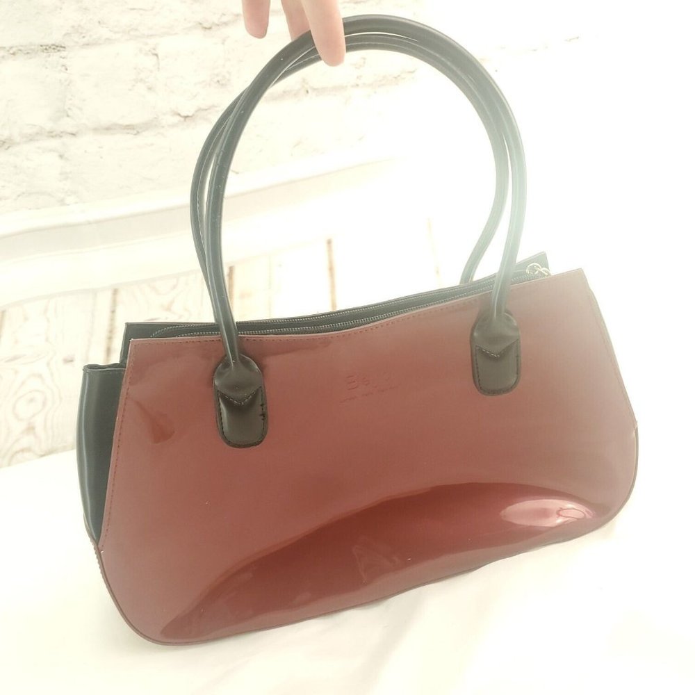 Beijo Womens Deep Wine Merlot Patent Leather Lined Bottom Studs Shoulder Bag